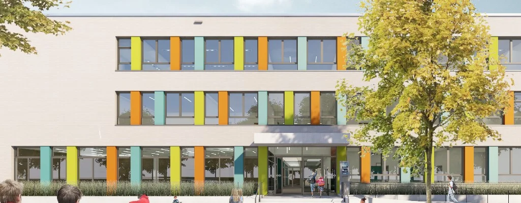 Visualisierung des Neubaus unserer Evangelischen Grundschule Halle am Weinberg-Campus